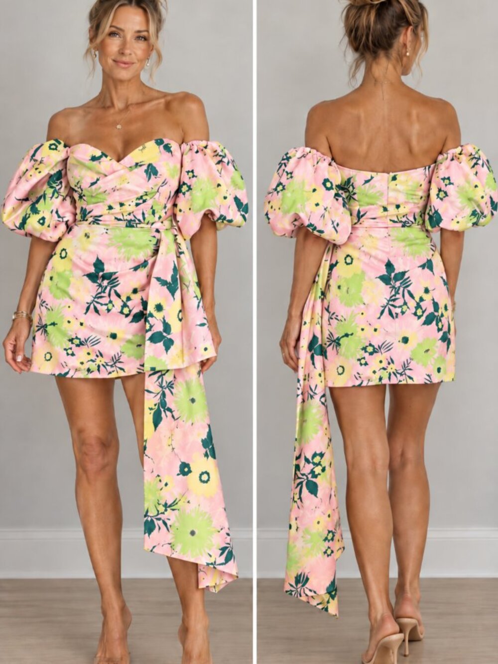 Forever Unique Floral Puff Sleeve Drape Mini Dress Pink Green US 10/12 NWT